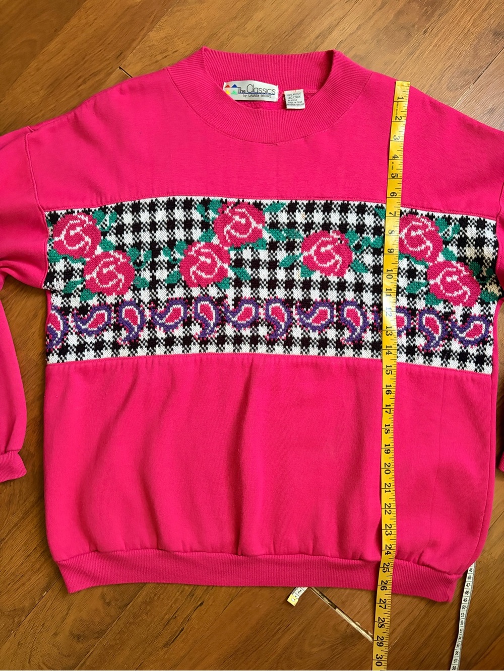 Vintage 90s Lauren Brooke houndstooth rose knit panel pink sweatshirt - Picture 7 of 10